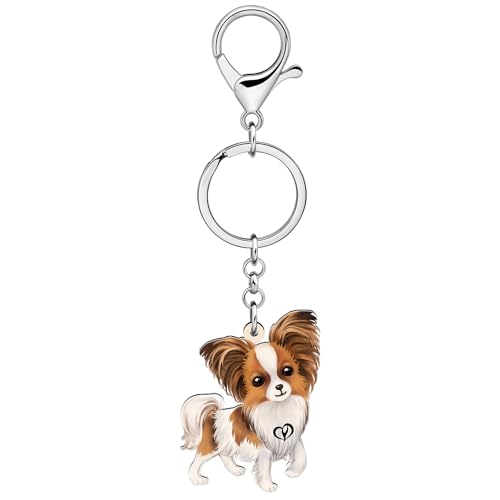 YAYAKO Acryl niedlichen Papillon Hund Schlüsselanhänger Zubehör Welpe Geschenke für Frauen Mädchen Auto Schlüsselkette Rucksack Geldbörse Charms (Braun)