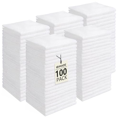 Image of UNIMADE Washcloths Bulk - 100 Pack - Face Towels (12 inch x 12 inch), Highly Soft Wash Cloths and Hand Towels, Fast Drying Multi-Purpose Microfiber Cleansing Cloths for Bathroom, Hotel, Spa, and Salon - White