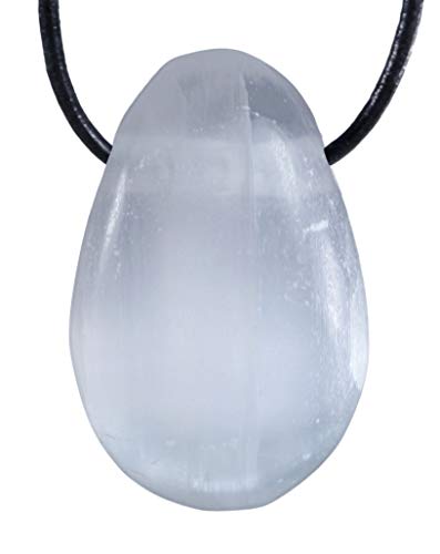 Preisvergleich Produktbild Lebensquelle Plus Selenit Tropfenanhänger / gebohrter Trommelstein Anhänger mit Lederband / Hochwertiger Edelsteinanhänger