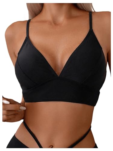 SOLY HUX Women's Bikini Top Spaghetti Strap V Neck Bathing Suit Tops Swimsuit