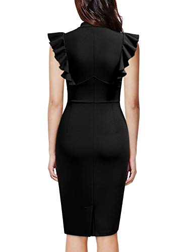 Image of Knitee Women's Vintage Ruffle Sleeve V-Neck Bodycon Evening Party Cocktail Pencil Sheath Dress