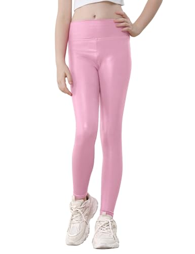 Leggings for Girls 8-9 Years Old Shiny Pink Athletic Tights Soft Fitness Workout Slim Pants3