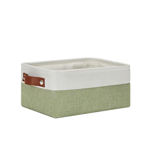 Image of DULLEMELO Small Storage Basket, Fabric Collapsible Gift Storage Basket for Shelves, Closets, Nursery, Home, Office Organizing, Small Canvas Linen Rectangular Storage Bin with Handles (White&Green)