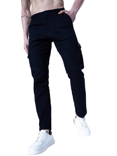 Image of Hubberholme Men's Regular Fit Cotton Trousers with Patch Pockets, Ankle Length Button Closure Cargo Chinos