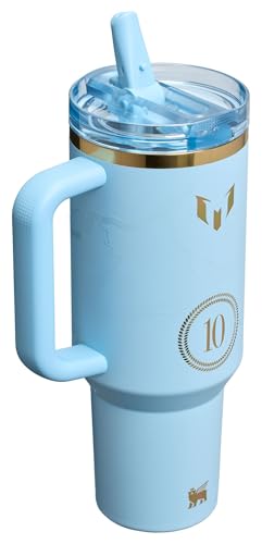 Image of STANLEY x Messi Quencher ProTour Flip Straw Tumbler with Leakproof Lid, 40 oz | Built-in Straw and Handle | Cup Holder Compatible for Travel | Insulated Stainless Steel | BPA-Free | Messi Striker Blue