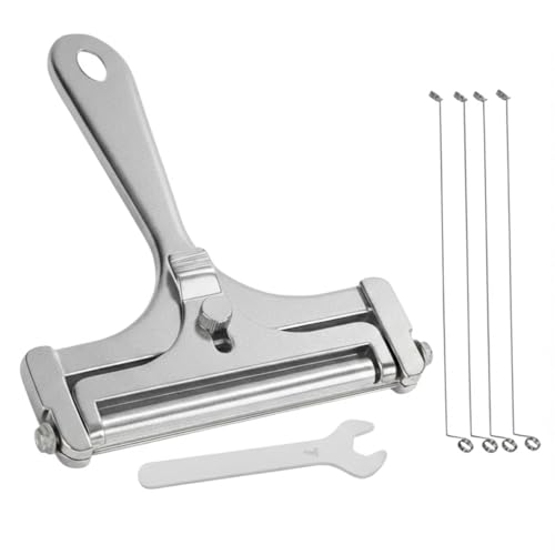 Stainless Steel Wire Cheese Slicer, Adjustable Thickness Hand Held Cheese Cutter for Soft & Semi-Hard Cheeses - 4 Extra Replacement Stainless Steel Cutting Wire (Silver)