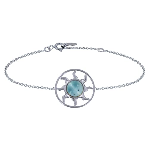 Bracelet Argent 925 Médaille Soleil Gravée et Larimar de Qualité