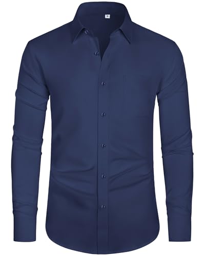 J.VER Herrenhemden Langarm Bügelfrei Stretch Regular Fit Hemd Herren Atmungsaktiv Männer Knopfleiste Hemden Bügelleichtes Elastiscer Shirt,Marineblau,XL