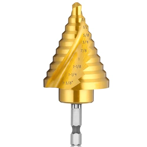 IRONANT Titanium Step Drill Bit, 1/4' to 1-3/8' Spiral Flute Step Bit for Metal, 10 Sizes HSS Step Drill Unibit