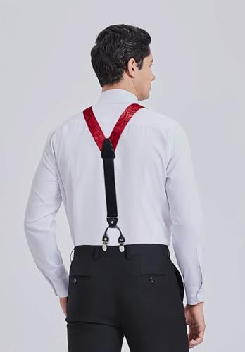 Image of HISDERN Suspenders for Men Paisley Floral Bow tie Suspender Pocket Square Sets Adjustable Y Shape 6 Clips Wedding Braces