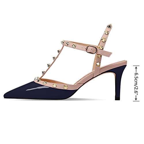 Image of XINIUNIU Studded Heels for Women Kitten Heels with Studs Stiletto Sandals with Rivet Ankle Strap Patent Leather Pointy Toe 2.5 Inch Party Daily Wear Evening Sandals