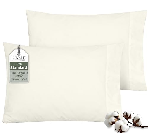 Image of ROYALE LINENS 100% Organic Cotton Percale Pillowcases Set of 2 - Standard Size Percale Pillowcase - Standard Set of 2 Pillow Cover - Breathable, Cool & Crisp Ivory Pillow Cases (20 inchx26 inch, Ivory)