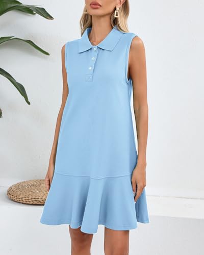Image of YEXPINE Women's Sleeveless Polo Dress Ruffle Hem Lapel V Neck T-Shirt Summer Mini Dresses