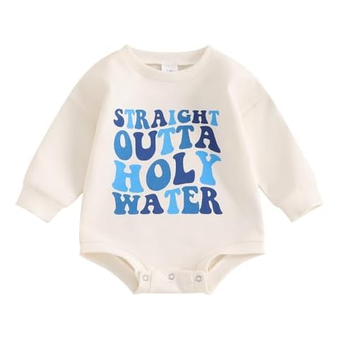 YOKJZJD Newborn Baby Girl Boy Baptism Outfits Straight Outta Holy Water Bubble Romper Sweatshirt Fall Christening Bodysuit (Blue, 0-3 Months) Cover