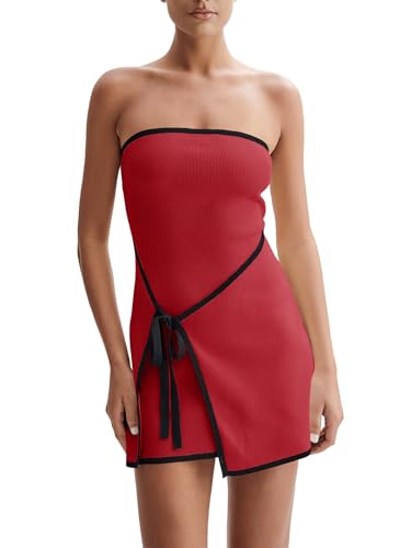 Image of Wenrine Womens Sexy Tube Top Dress Strapless Self Tie Wrap Asymmetrical Hem Knit Summer Party Mini Dresses