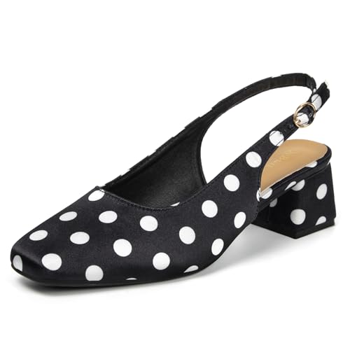 qibusleen Sling Back Satin Low Heels for Women Black White Polka Dot Shoes