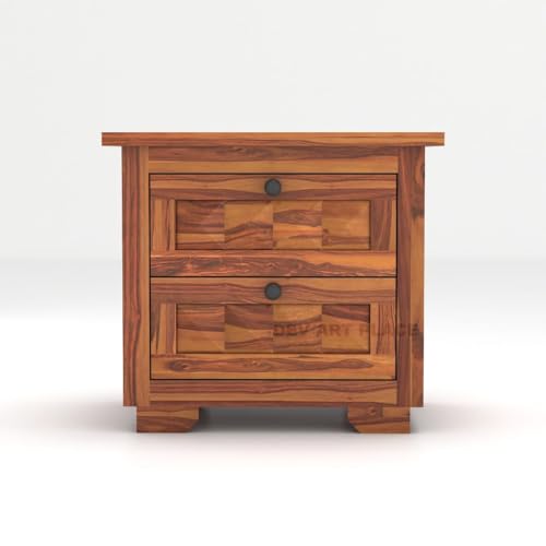 Image of Solid Sheesham Wood Bedside Table for Bedroom | Handmade Pure Wooden Bed Side Nightstand End Table with 2 Drawers Storage for Home & Bed Room | Rosewood, Honey