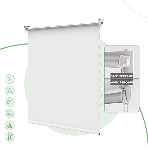 HOMEDEMO Store Enrouleur Occultant Isolant Thermique Opaque, Rideau Occultant, Fixation avec ou sans Perçage, 45l x 100L cm, Largeur du Tissu 45cm, Blanc