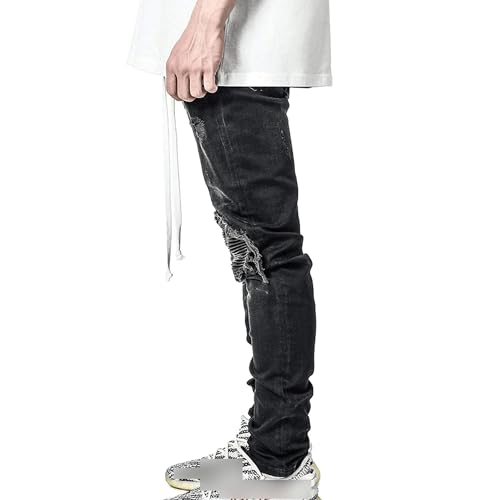 Men's Drawstring Waist Ripped Jeans Casual Outdoor Cotton Jeans Pants Distressed Cargo Denim Pant3