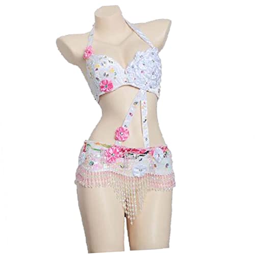 CHAGME Women's Belly Dance Costumes Beaded Carnival Halloween Dancing Outfits Belly Dance Bra Top and Fringe Belt 2 Pcs Set