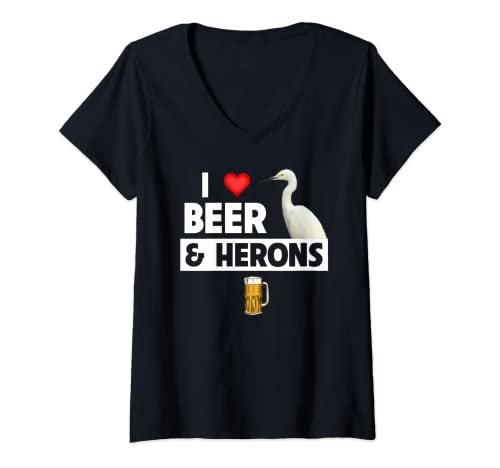 Mujer I Love Beer and Herons Beber Bird Watching Ocean Beach Camiseta Cuello V