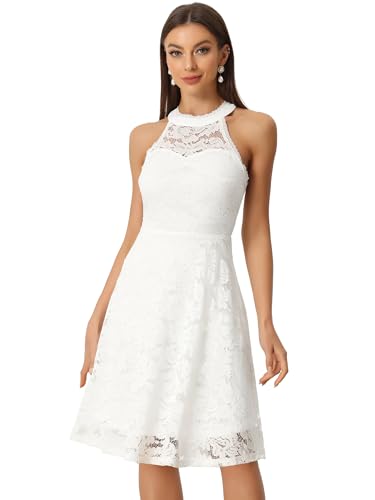 Allegra K Spitzenkleid für Damen, Neckholder, ärmellos, elegant, Cocktailkleid, A-Linie, weiß, M