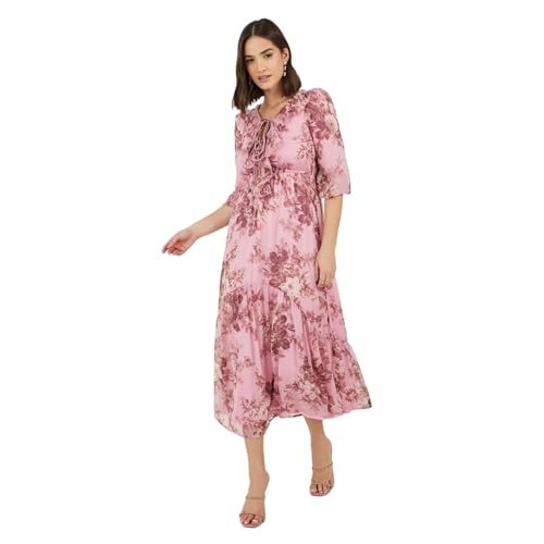 Image of Styli Women Printed Ruffle Neck Puff | Sleeves A-Line Maxi Dress | Stylish One Piece Dress for Party, Casual & Evening Outfits