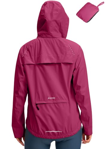 Bikewa Women's Cycling Rain Jackets Waterproof Windbreaker Lightweight Running Windproof Reflective Jacket Packable Hooded(Rose Red,XS)