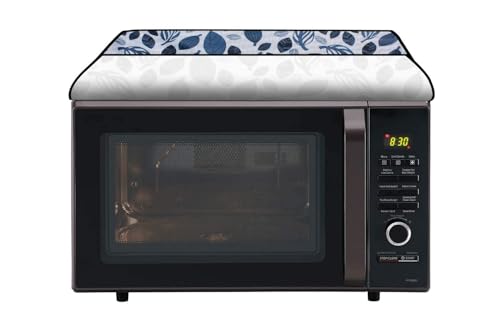 Image of PVC Microwave Oven Cover for Samsung 28L MC28H5033CK | Full Closure Zip | Waterproof & Dustproof | Attractive Digital Print | Wipe Clean | Blue Grey Leaf Design