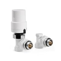 VANCOCO G1/2 Thermostatventil + Rücklaufventil Komplett-Set mit Dichtringanschluss für Heizkörper, Eckform, Heizkörperventil, Heizungsventil, Vollweiß, Flüssigfühler, Frostschutzstellung, mit Schloss