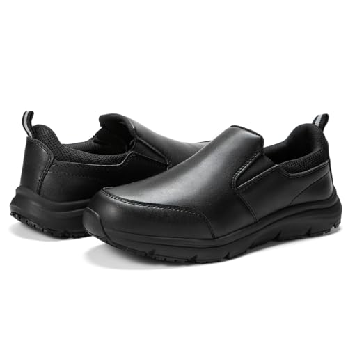 Image of NAVEKULL Men's Non Slip Food Service Shoes Water Resistant Kitchen Restaurant Chef Slip Resistant Work Shoes Black Leather
