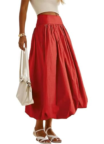Women's Bubble Long Skirt Elastic Waist A-Line Pleated Ruffle Flowy Balloon Maxi Skirts with Pockets