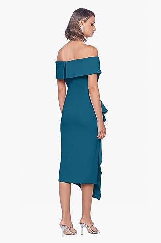 Image of Betsy & Adam Women's Women's Midi-Length, Off-The-Shoulder, Asymmetric Hem, with Draped Detail and Fitted Silhouette
