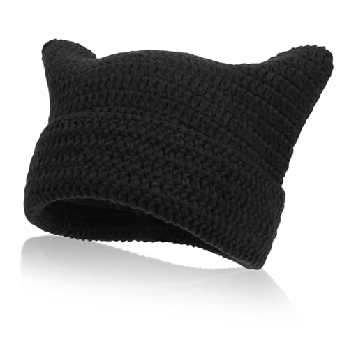 Calkkrer Gorro de Punto Suave para Mujer - Negro, Invierno, Orejas de Gato, Elástico, Elegante y Cálido - Talla L