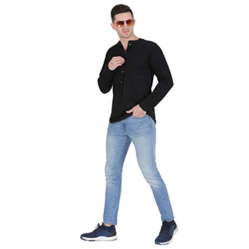 Image of Men Black Henley Neck Cotton Full Sleeve T-Shirt