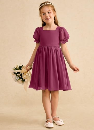 Junior Girls Bridesmaid Dress for Wedding Chiffon Short Puff Sleeve Flower Girl Dresses for Teen with Bow Back JR0324