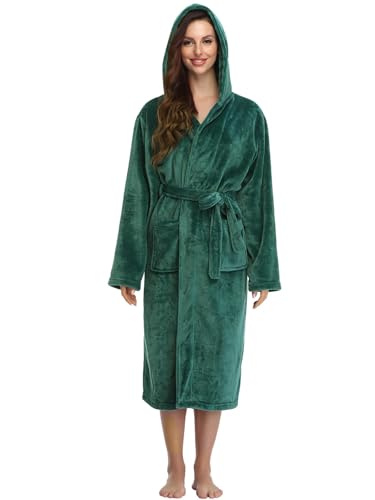 RONGTAI Damen Bademantel aus Plüsch mit Kapuze und Taschen, flauschige Nachtwäsche, Grün (Oil Green), XX-Large