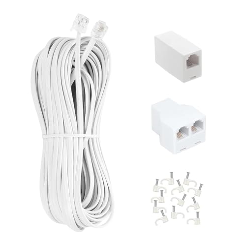 Long Telephone Extension Cord 80FT, White, Phone Cable Wire with Standard RJ11 Plug, 1 Phone Line Splitter, 1 in-line Coupler and 55 Cable Clips for Telephone Calling Communication