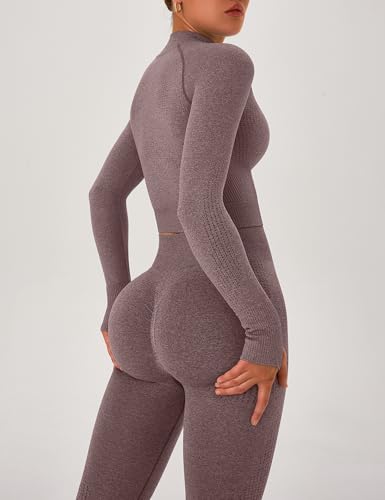 OLCHEE Womens Workout Sets 2 Piece Seamless Yoga Outfits Long Sleeve Zipper Jacket High Waist Leggings Butt Lifting Gym Set - Image 5