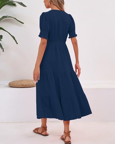 Image of YEXPINE Women's Cotton Tiered Midi Dress Short Sleeve V Neck Elastic Waist Casual Long Flowy Summer Dress