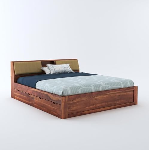 Image of STRATA FURNITURE Sheesham Wood King Size Bed with Drawer Storage Solid Wood Double Bed Palang | Wooden Bed for Bedroom Living Room Furniture (Honey Finish)