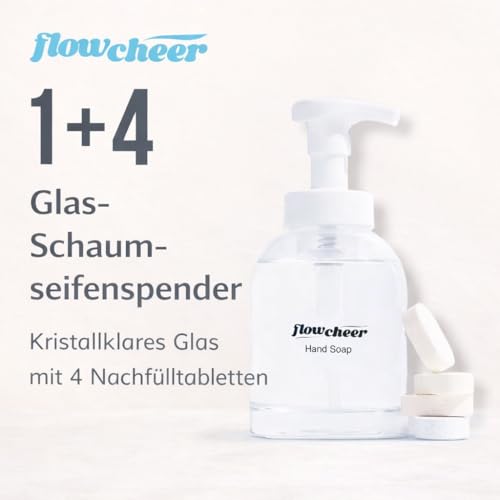 Image of flowcheer Hand Soap Starter Set -1 Refillable CrystalClear Glass Foaming Hand Soap Dispenser + 4 Scented Soap Refill Tablets, 4 x 9 Fl oz,Soap Pump for Bathroom Kitchen Countertop