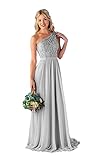 Women's One Shoulder Bridesmaid Dresses Long for Wedding with Pockets Lace Bodice A-Line Chiffon Formal Party Gown Silver Size 12