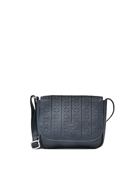 Laura Valle Benilda – Bolsos De Piel Auténtica Mujer Con Diseño Floral Repujado – Bandolera Elegante Y Práctico – Bolso De Verano Mujer Con Correa Ajustable (Azul)
