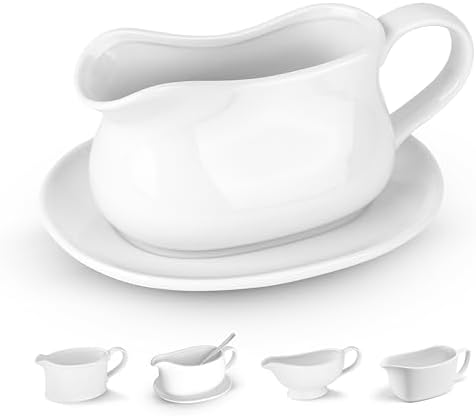 KooK Gravy Boat & Saucer, 17 oz, Ceramic Serving Dish, Dispenser with Tray for Sauces, Dressings and Creamer, Large Handle, Microwave and Dishwasher Safe, White (Classic Gravy Boat)