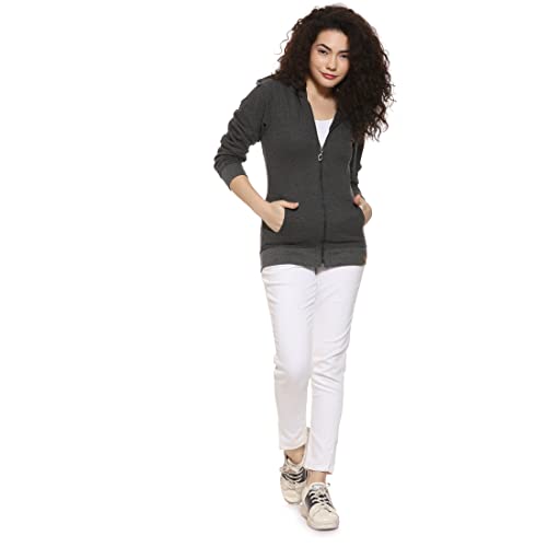 Image of PINACOLADA Women's Grey Zip-Front Horizontal Striped Hoodie for Casual Wear | Hooded Neck | Long Sleeve | Zipper Closure | Cotton Sweatshirt Crafted with Comfort Fit for Everyday Wear