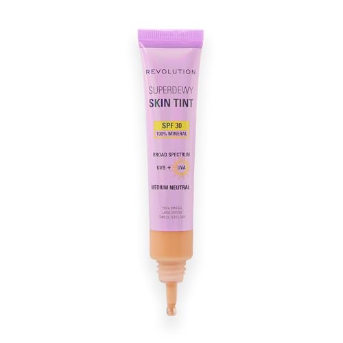 Image of Revolution Superdewy SPF 30 Skin Tint, Medium Neutral | Tinted Mineral Face Foundation, Buildable Coverage for Facial Glow, 12% Zinc Oxide, Vegan & Cruelty-Free