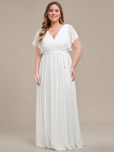 Image of Ever-Pretty Women's V Neck A Line Ruched Ruffles Sleeves Chiffon Floor Length Plus Size Bridal Dresses White US20