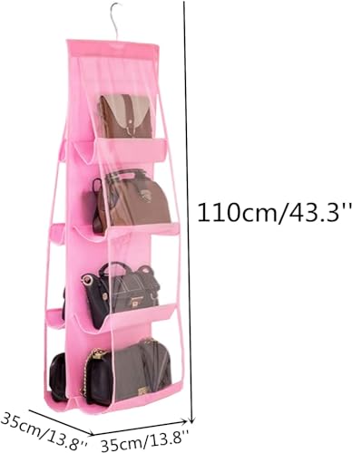 Image of 8 Pocket Hanging Handbag Organizer - Multi-Compartment Purse Storage with Adjustable Hooks - Space-Saving Closet Organizer for Handbags, Purses, Wallets - Durable, Home (Pink)