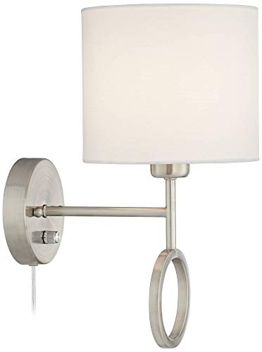 360 Lighting Amidon Modern Indoor Wall Lamp Brushed Nickel Plug-In Light Fixture Dimmable White Linen Fabric Drum Shade For Bedroom Bedside House Reading Living Room Home Hallway Dining #TOP5